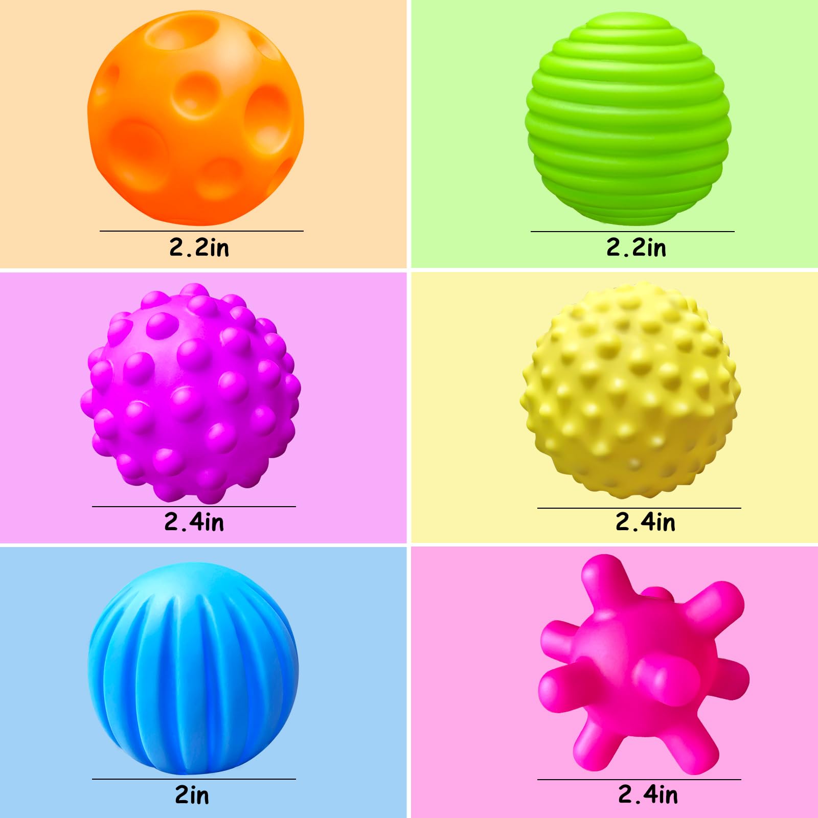 Paquete de 6 bolas sensoriales para niños pequeños, juguetes sensoriales para bebés, juguetes sensoriales suaves para apretar, juego de bolas múltiples, regalos con textura de color 3