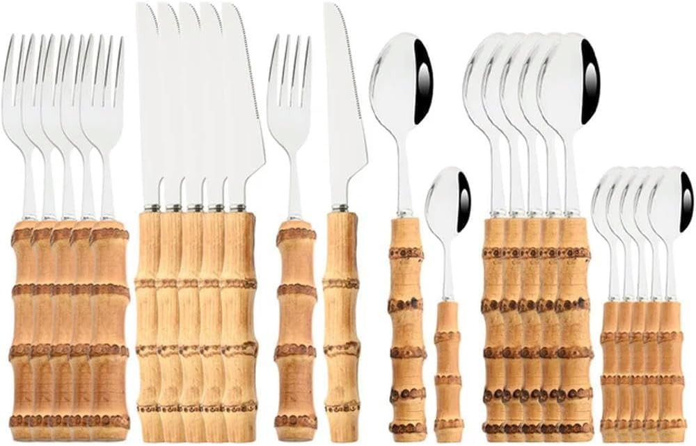 Besteck-Set mit Bambusgriff, silberfarben, 24-teilig, Edelstahl-Besteck, Messer, Löffel, Gabel, Geschirr zum Essen, rein natürliches Material, umweltfreundliches Geschirr