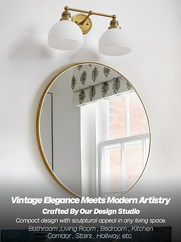 Miniatura 2 de Aplique de pared dorado de 2 luces, aplique de pared vintage para baño, con vidrio de leche, doble brazo de latón, lámpara de tocador para sala de
