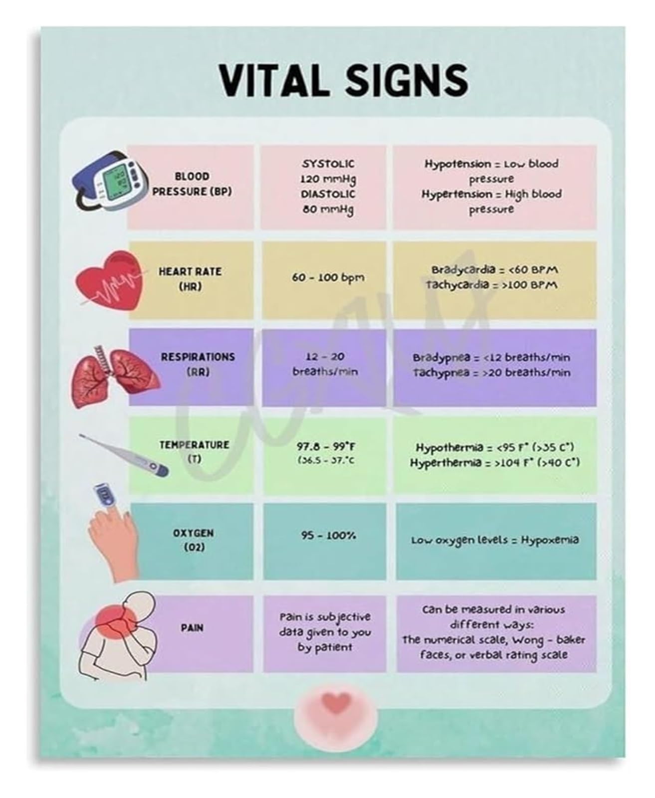ZDVHOMCB Vital Signs Chart for Nurses Poster Clinical Assessment Guide Normal Vitals Range Office Decor