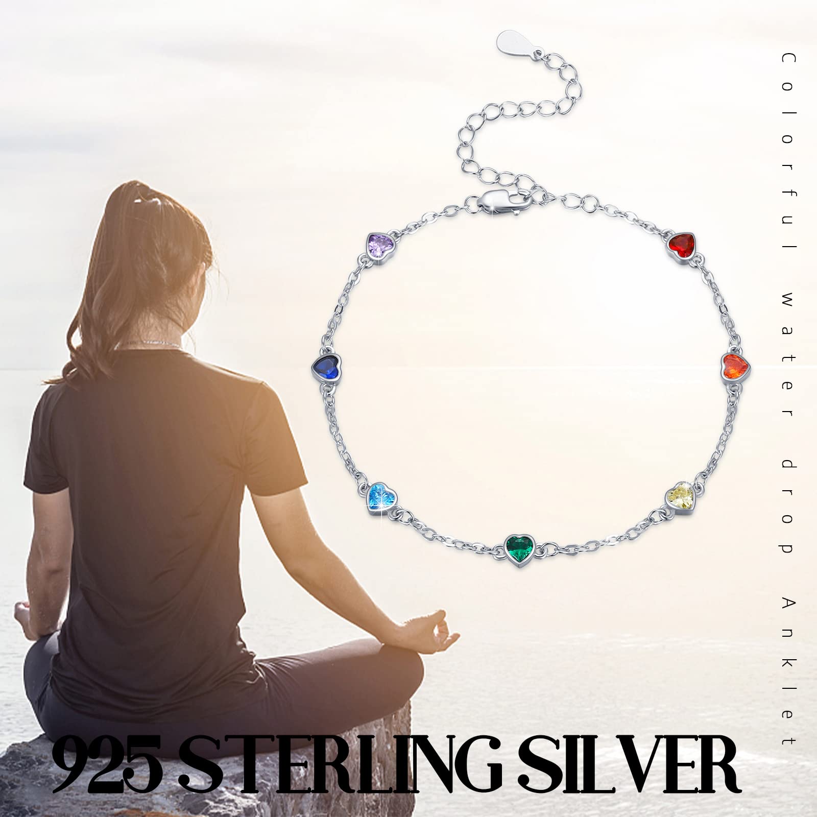 Tobillera de chakra de plata de ley con forma de corazón, forma de gota, 7 chakras, gotas de rocío, verano, playa, tobilleras, pulsera para Navidad, regalos para novias, mujeres ásperas, novias, 22.9