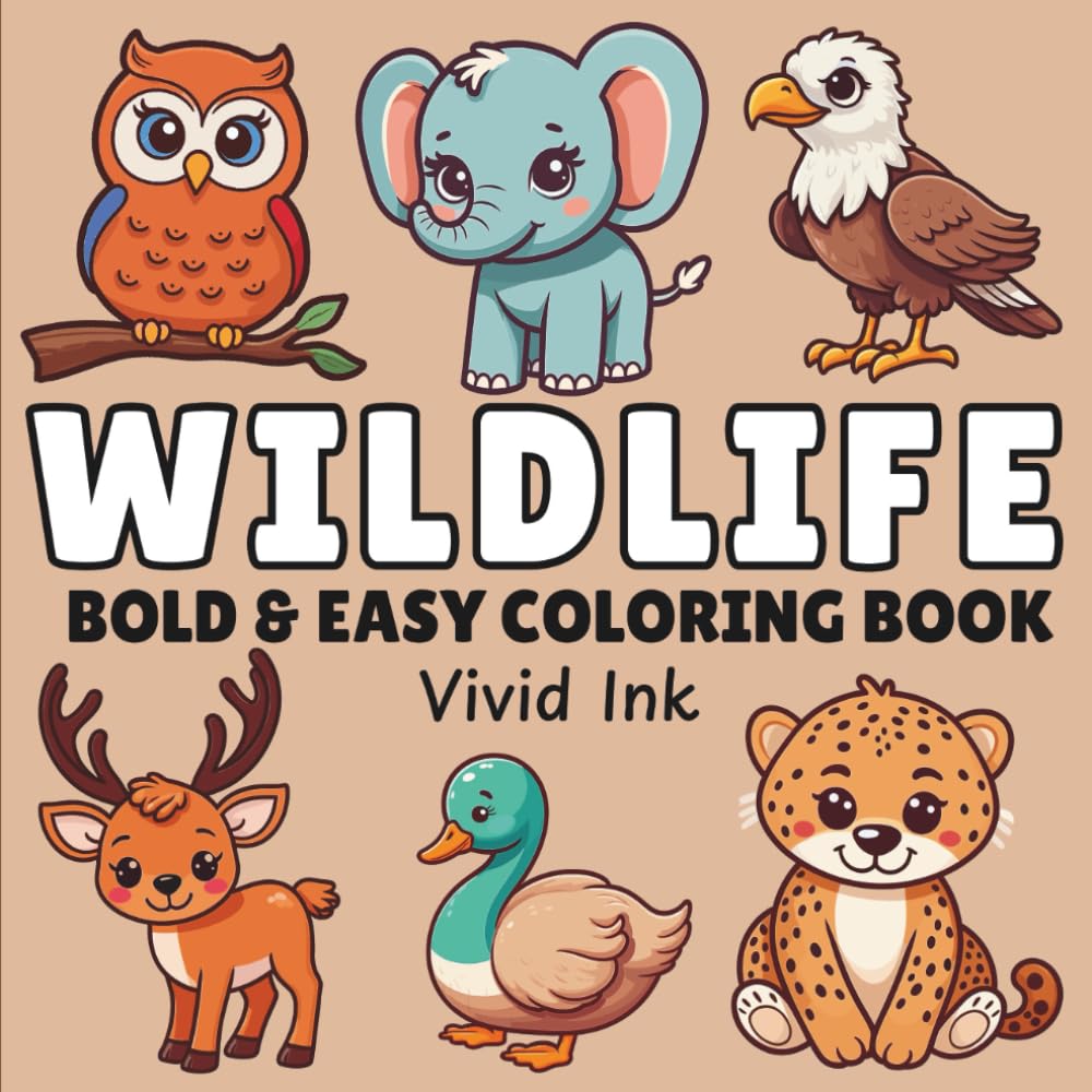 Wildlife: Bold and Easy Coloring Book for Adults and Kids, Simple and Big Designs for Relaxation