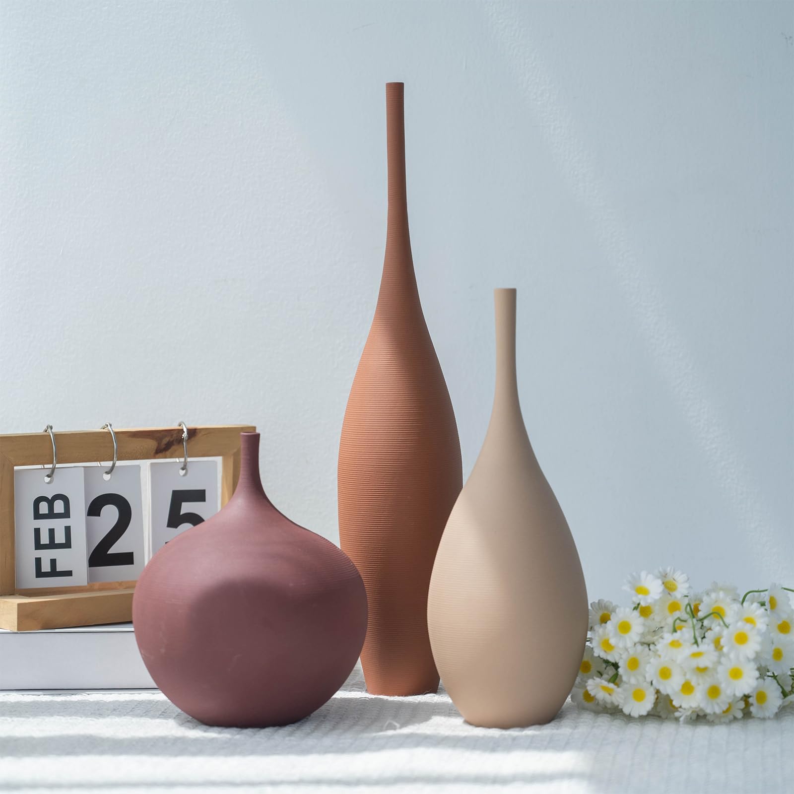 Relexome Ceramiczny nowoczesny wazon, zestaw 3 dekoracyjnych wazonów wiejskich, minimalistyczne, estetyczne wazony na elementy centralne, matowe, prążkowane, do dekoracji domu, stołu, przedpokoju