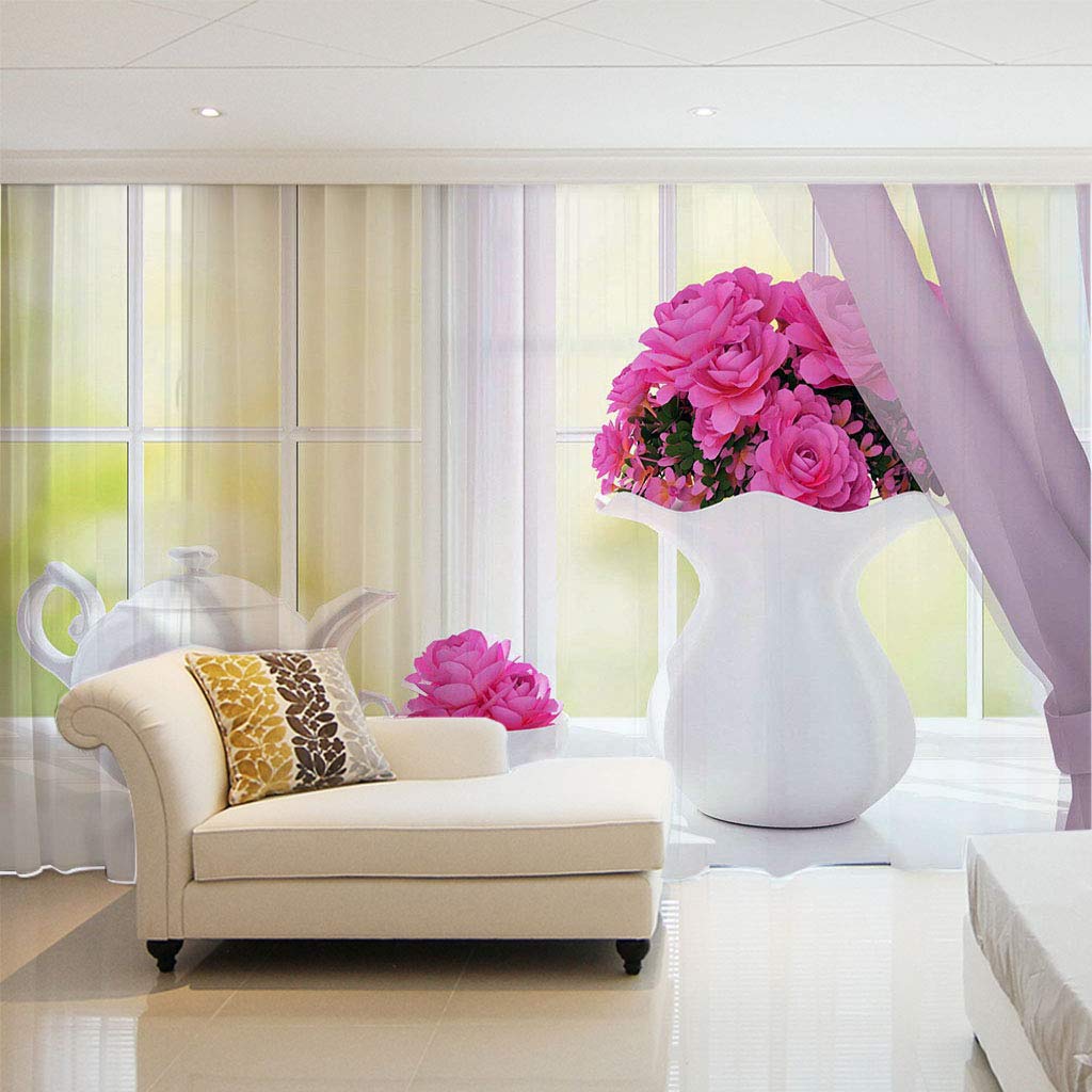 Rideau voilage à oeillets blanc fleuri pour illuminer une chambre adulte moderne en douceur