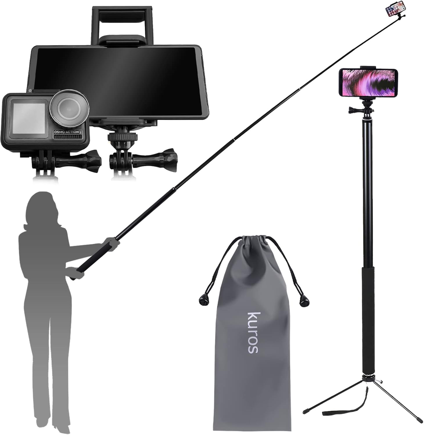 Kuros 自撮り棒 長い 3m セルカ棒 スマホ アクションカメラ対応 iPhone Android GoPro Insta360 無段階調整