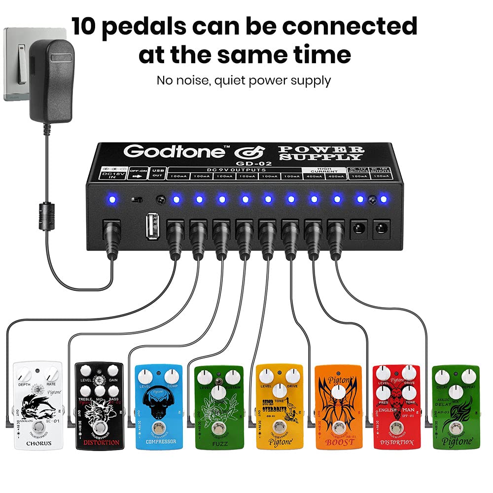 Gitarre Effektpedal Netzteil 10 DC Ausgänge passend für 9V/12V/18V Pedale mit Kurzschluss-/Überstromschutz Separate LED-Anzeige USB (5V2A) GD-02