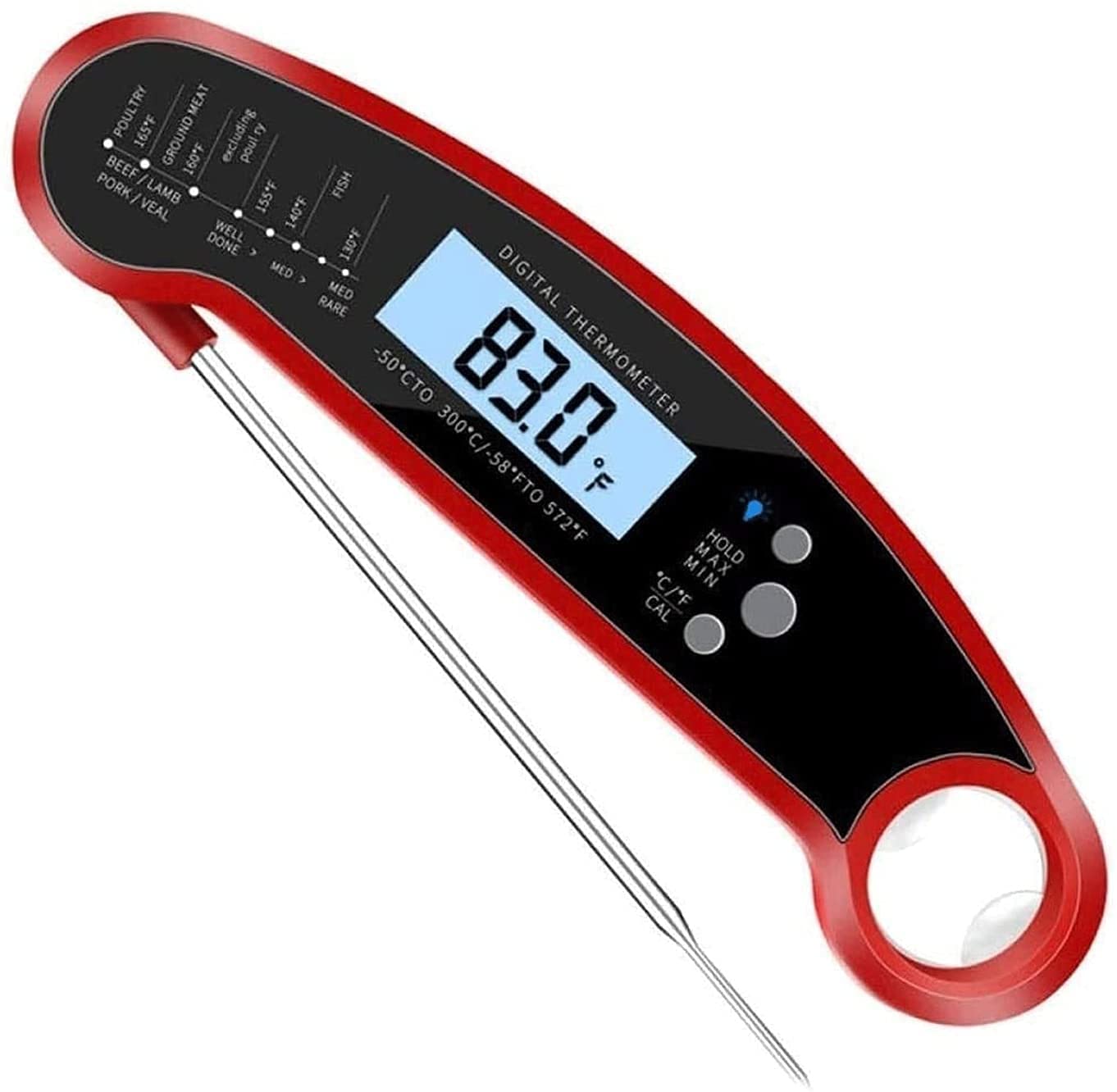 IP67 Termómetro de carne de lectura instantánea digital impermeable con retroiluminación y ranura magnética y función de calibración plegables de 13 cm para cocinar dulces de comida, BARBACOA Pa