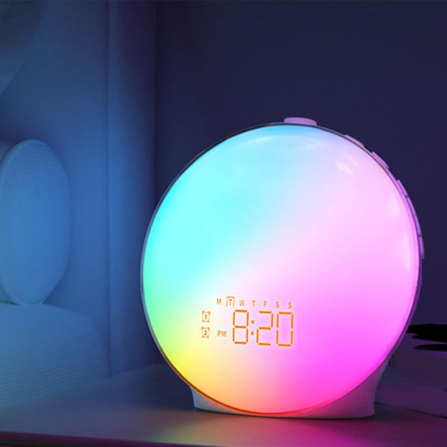 多色の調整可能なフルスクリーンLEDウェイクアップランプサンライズシミュレーション目覚まし時計ホーム装飾用の木製穀物の色を変えるウェ