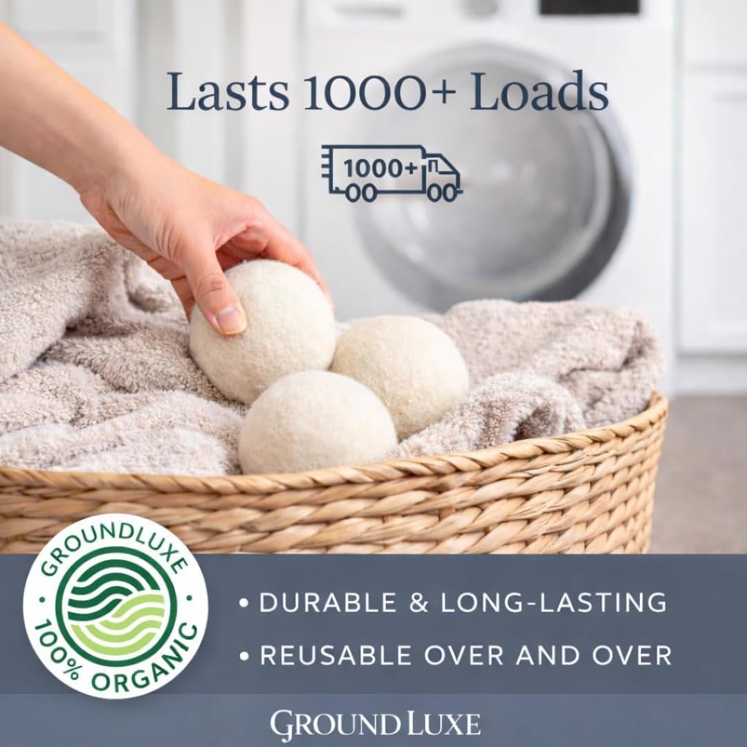 GroundLuxe Bolas secadoras de lana de Nueva Zelanda de alta calidad, 100% orgánicas, fundidas a mano, reutilizables, reducen el tiempo de secado, juego de 6 para suavizar la tela natural, arrugas y