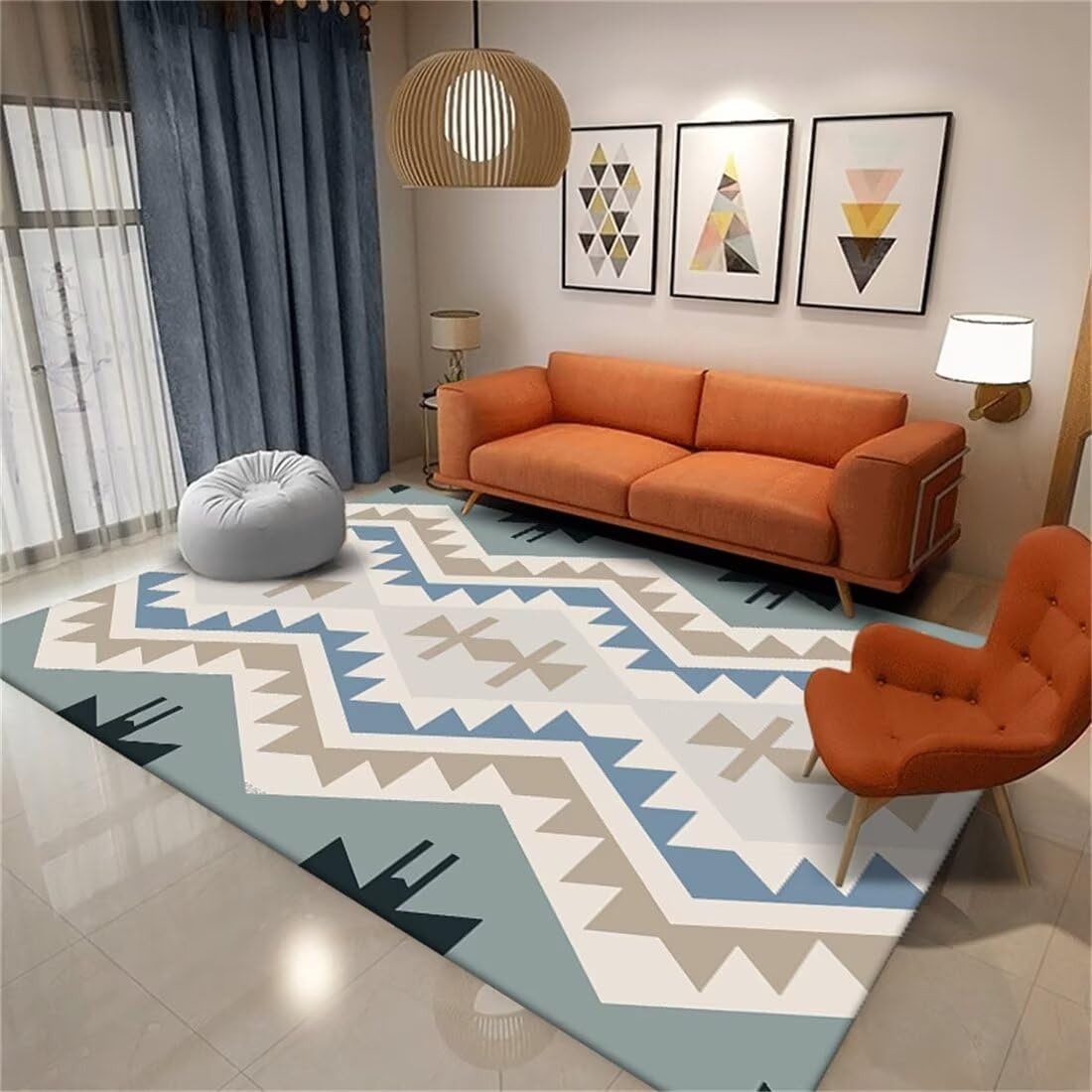 Grand tapis de salon 90x200cm géométrique gris-bleu