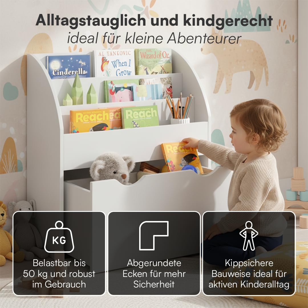 Bellabino Koro Bücherregal Kinder – Regal Kinderzimmer mit 3 Fächern für Bücher – Montessori Kinderregal mit Schublade – Spielzeugregal Aufbewahrung in Weiß – Spielregal aus Holz 79 x 34 x 72 cm