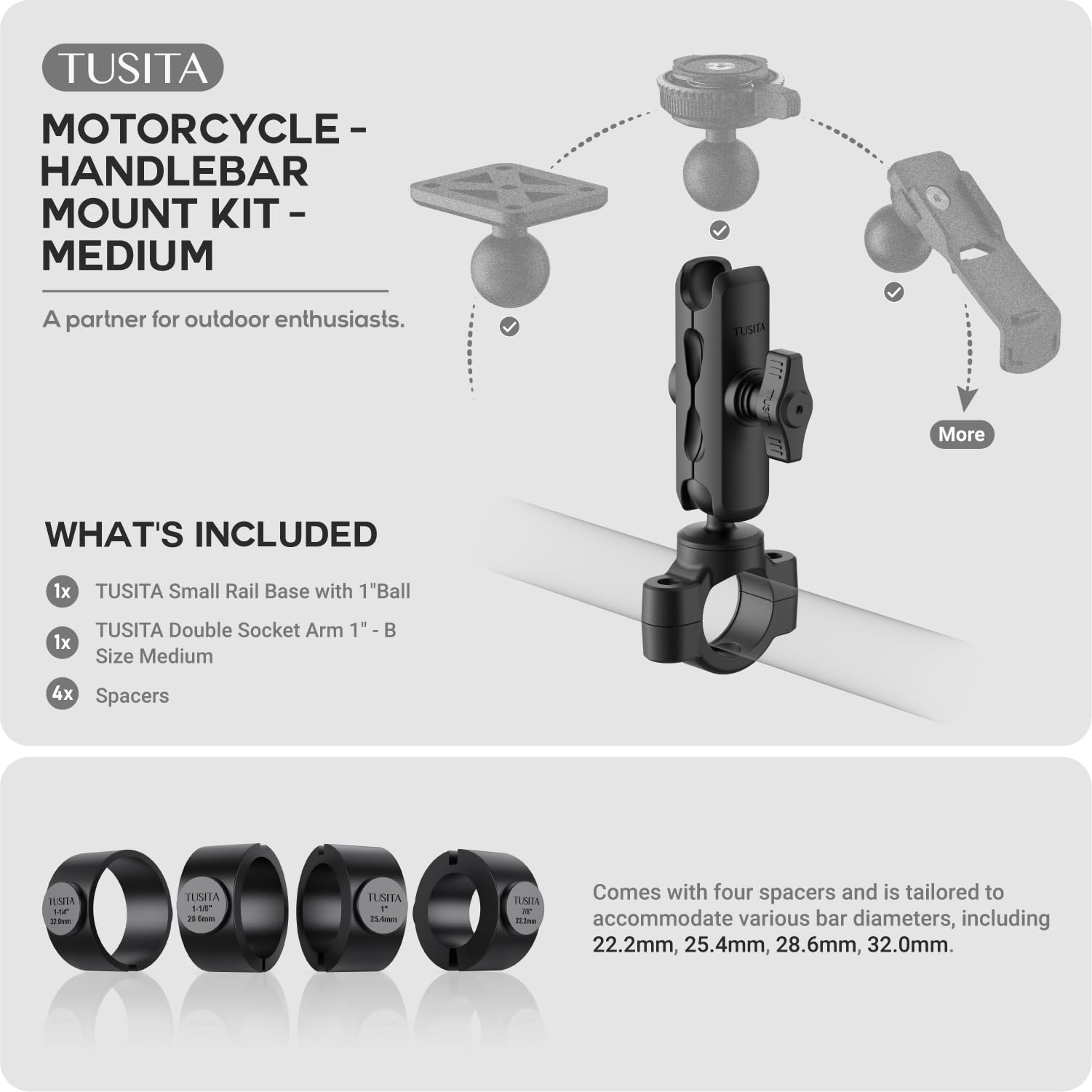 TUSITA Supporto Manubrio Moto - Base Piccola con Braccio a Doppio Presa Medio - 1" B Misura