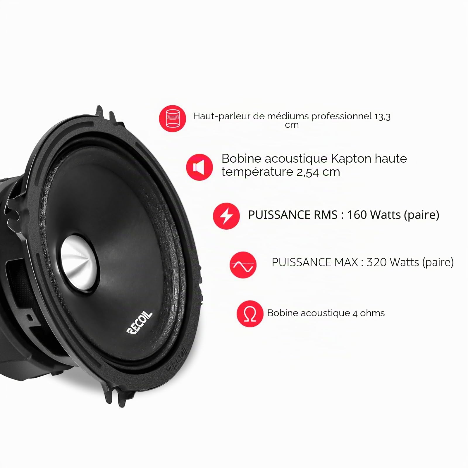 RECOIL MS525-4P Haut-parleurs Médium Voiture Pro Audio 13cm (5.25") | 320W Max, 160W RMS, 4 Ohms, Bobine Kapton 2,5cm, Aimant Ferrite – Paire