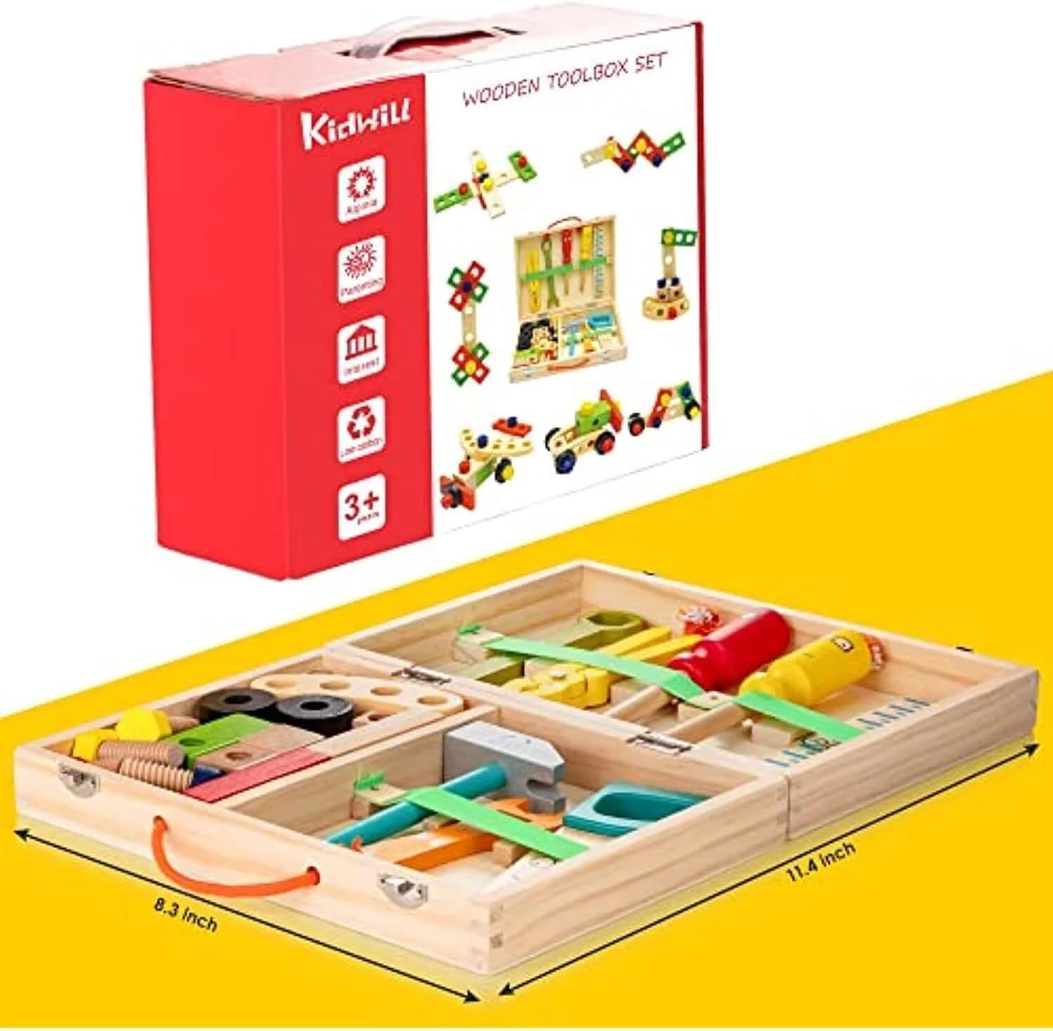 Wooden Kids Tool Set, 37PCS Toddler Tool Kit with Tool Box Montessori STEM Construction Toy, Educational Pretend Play Building Set for 3 4 5 Year Old Boys Girls Birthday Gift