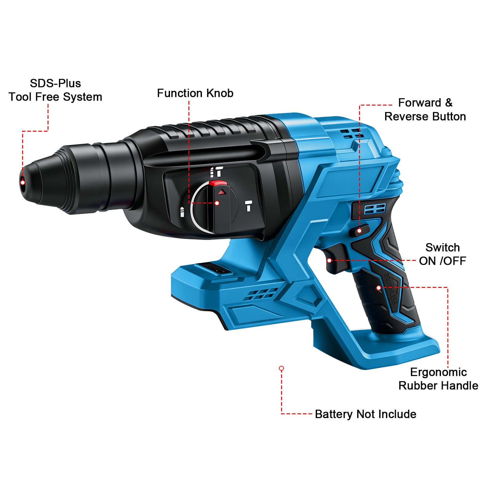 Martillo perforador para batería, compatible con batería de litio Makita de 18 V, martillo combinado profesional sin escobillas, taladro de impacto, 4500 BPM, 1700 RPM, 2,7 julios Max fuerza de