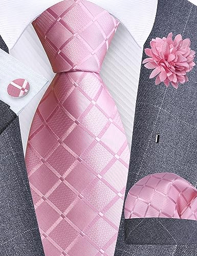 Image of GUSLESON 3.15 inch(8cm) Mens Tie and Lapel Pin Plaid Checkered Necktie Hankerchief Cufflinks Set for Men