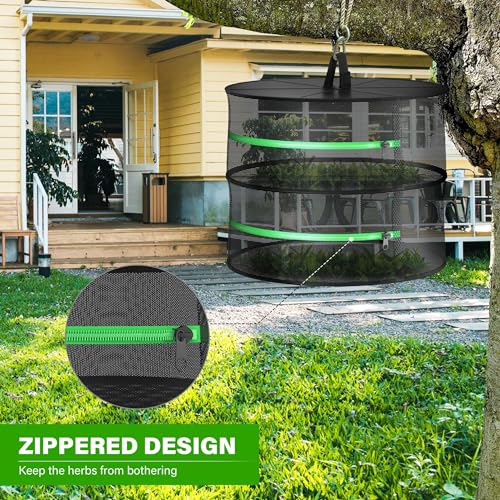 YSSOA Estante de secagem de ervas, 2 camadas, 61 cm com zíper e gancho, secador de cesta dobrável de