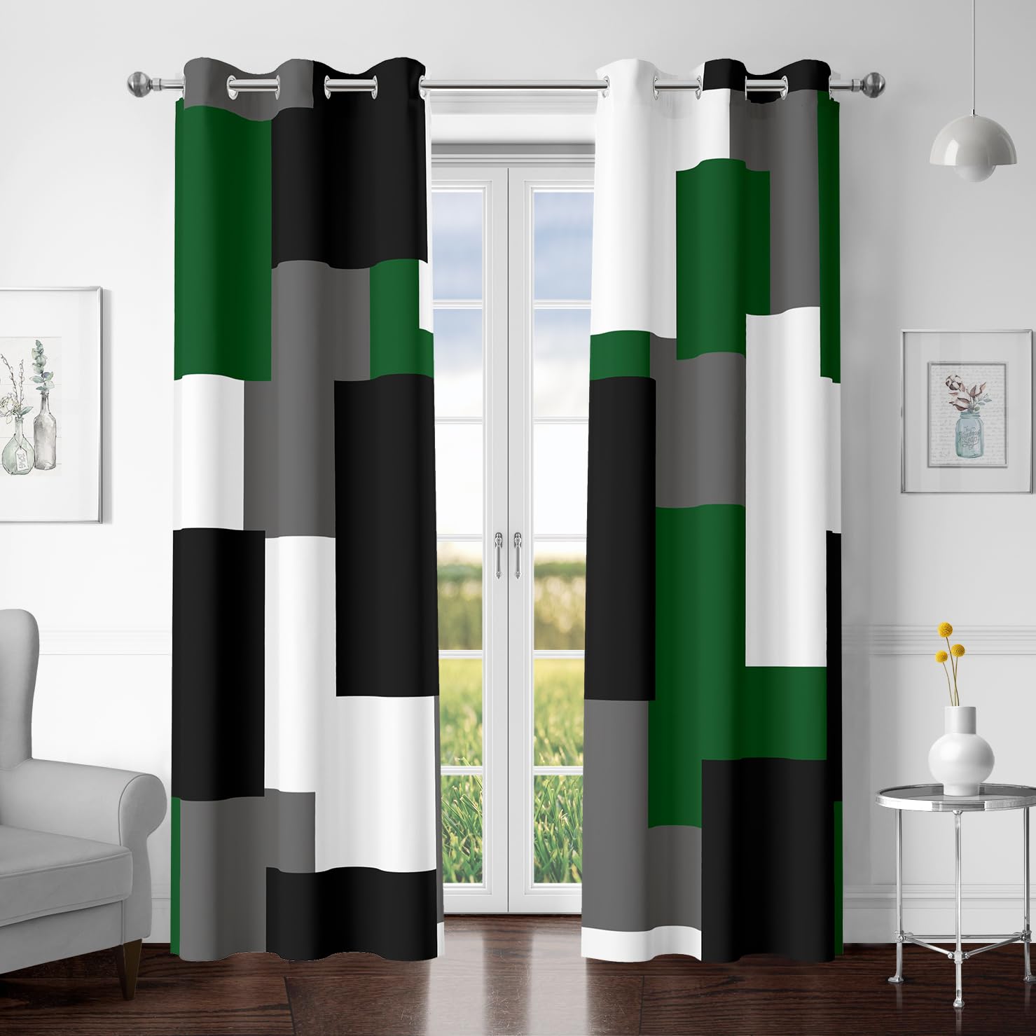 Tyrot Green 100% Blackout Curtains for Bedroom 72 inch Length 2 Panels Set White Grey Modern Abstract Geometric Black Out Curtains Insulated Room