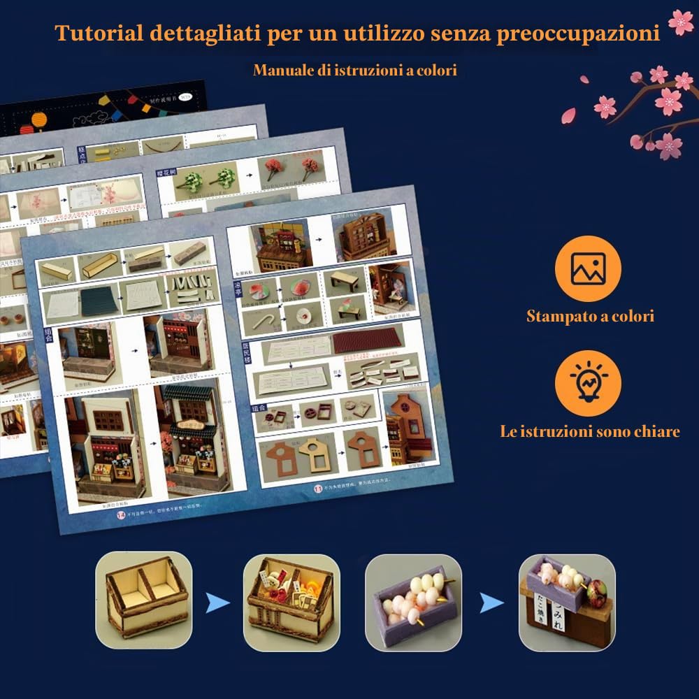 Kit per libri fai da te, puzzle 3D in legno, casa con luci a LED e mobili, casa delle bambole in miniatura, kit per modellini da costruire (vicolo di ciliegio)
