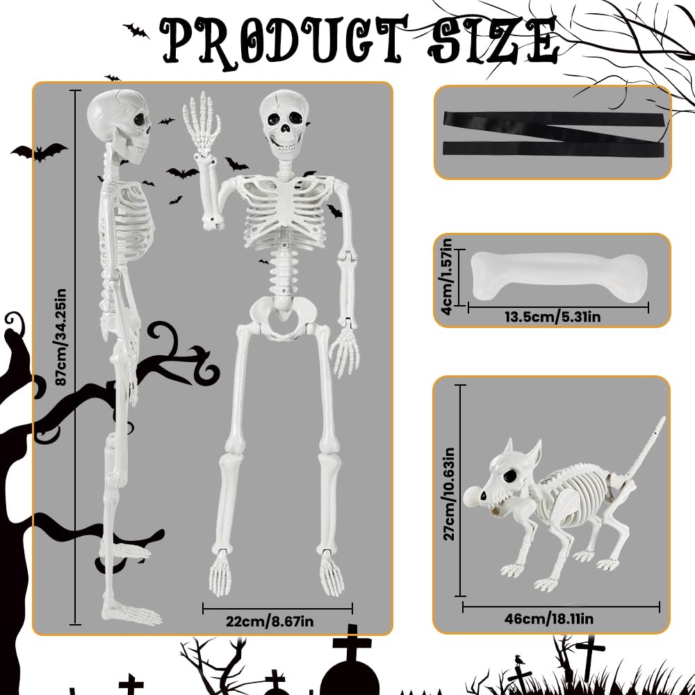 JOLCEEY 1 scheletro mobile per Halloween, 90 cm, realistico, ossa di scheletro umano, articolazioni mobili per tutto il corpo, con scheletro di cane a 1 testa, per oggetti di scena di Halloween