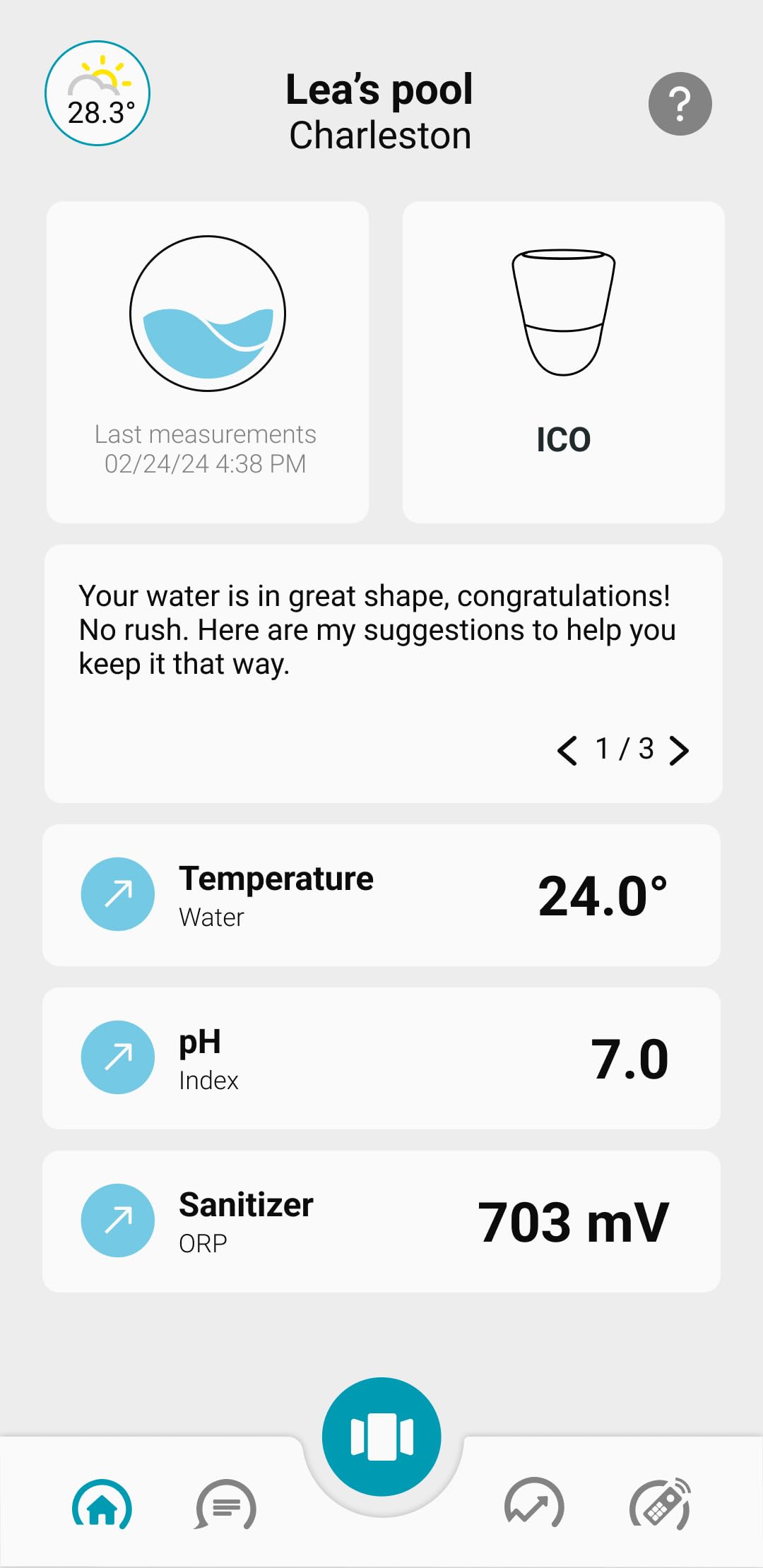 ICO Pool V2 Chlore Brome - Analyseur d'eau connecté pour piscines traitées au chlore ou au brome - Mesures toutes les heures pH, ORP, température de l'eau - Recommandations sur votre smartphone