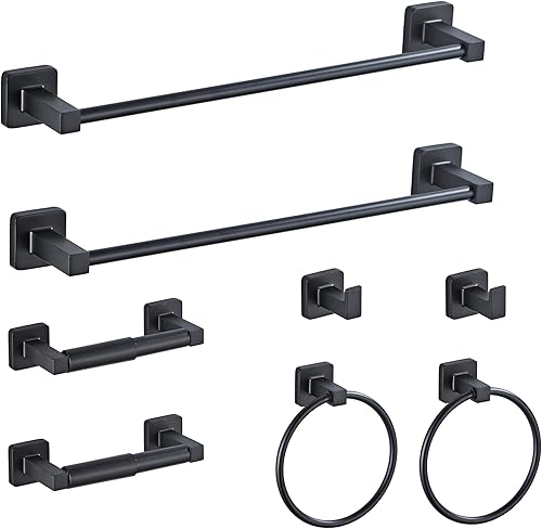 Juego de accesorios de baño negro mate de 8 piezas, juego de toallero de acero inoxidable montado en la pared, incluye toalla de mano de 16