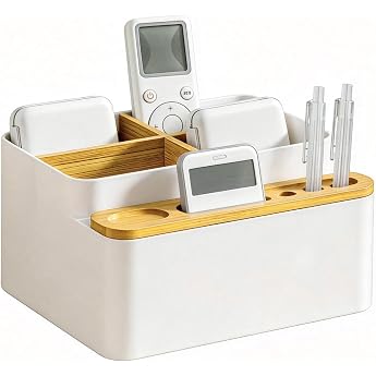 PAVSTINE Remote Control Holder Remote Control Holder with 4 Compartments Multifunctional Desk Organiser Remote Control Storage for TV Remote Media Player and Office Supplies White