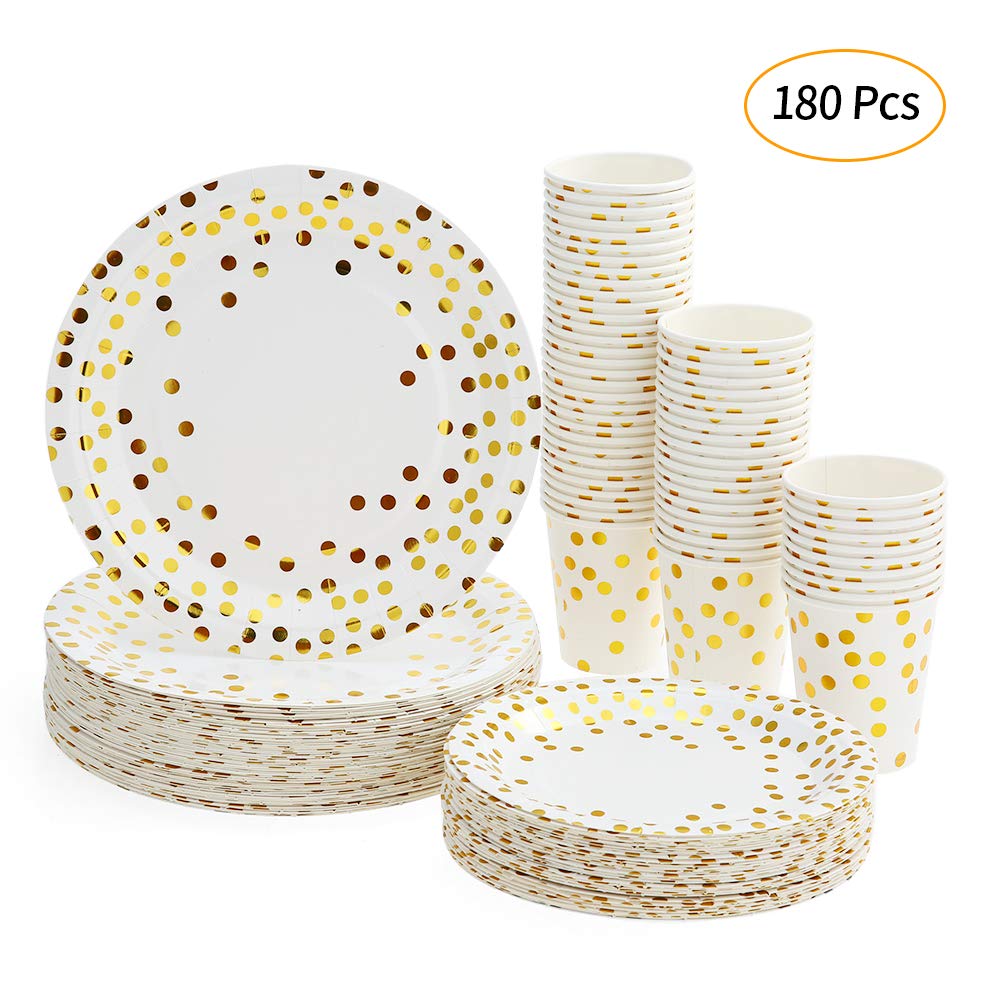 180pcs jednorazowe kubki papierowe Zestaw Golden Polka Dot Drinkware naczyń do zgromadzeń Wesela DIY Projekty