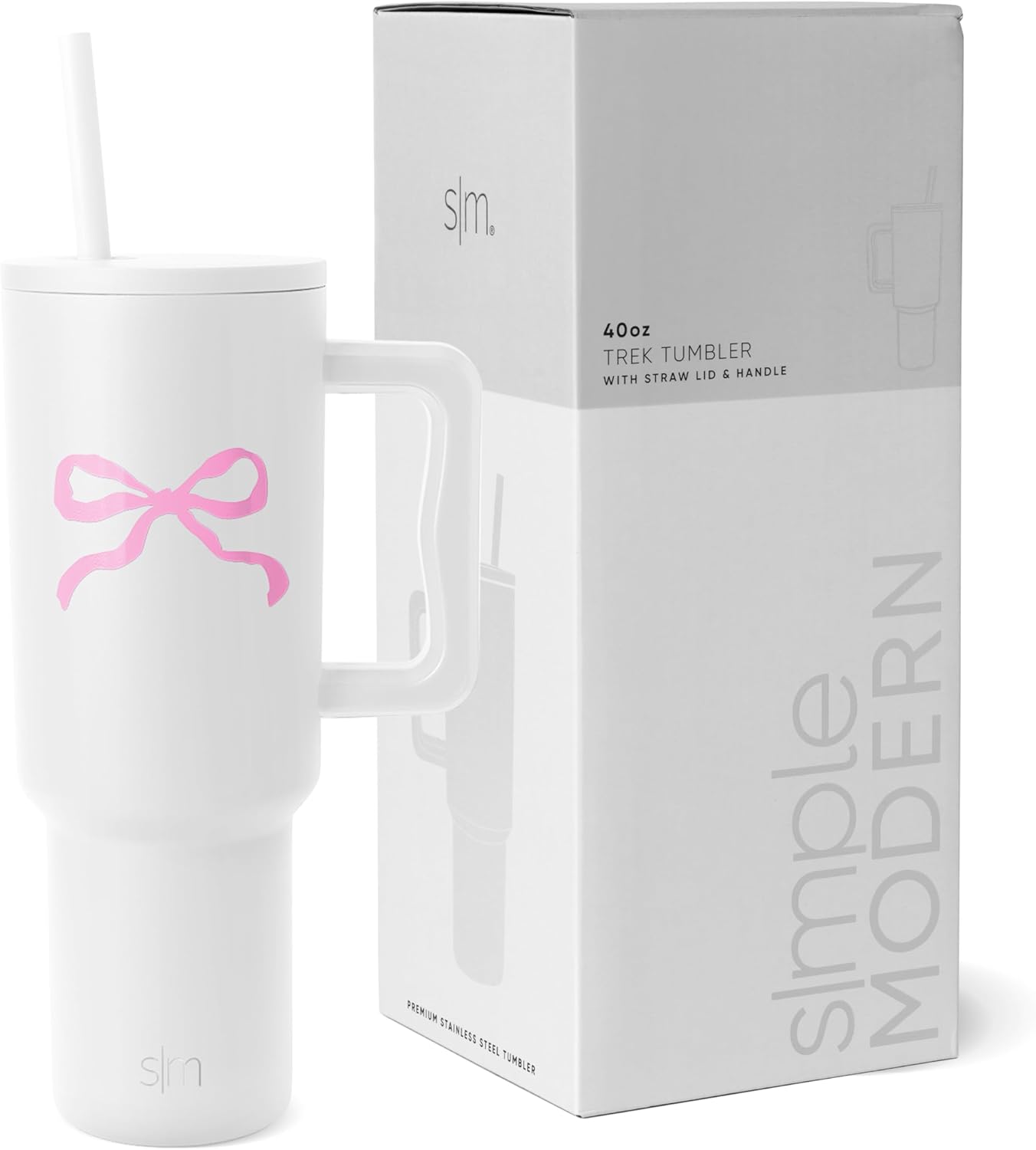Simple Modern 40 oz Tumbler with Handle and Straw Lid | Insulated Reusable Stainless Steel Water Bottle Travel Mug Cupholder Friendly | Gift for Women Men | Trek Collection | Pink Bow