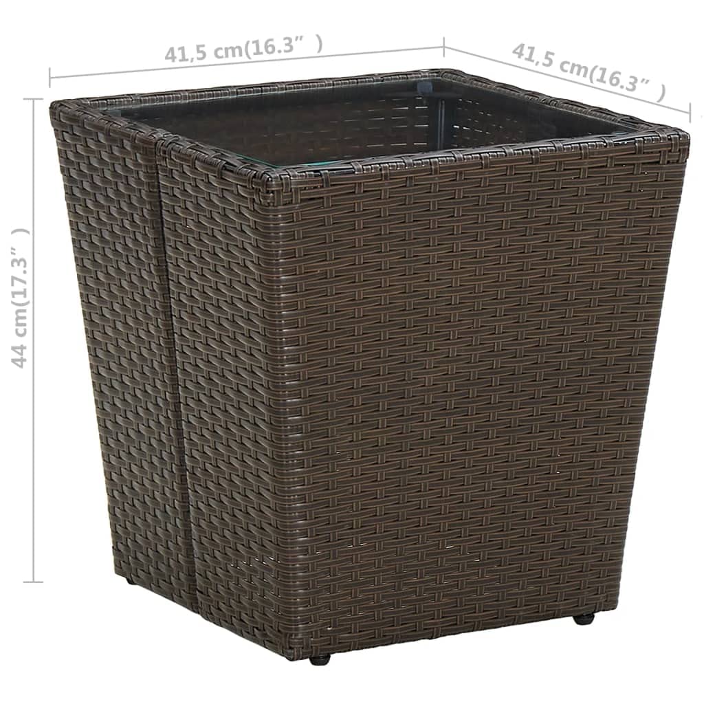 Mesa auxiliar marrón de 41,5 x 41,5 x 44 cm, polirratán, mesa de jardín con cristal templado, resistente a la intemperie, para terraza, balcón, jardín, compacta, estable, para camping y