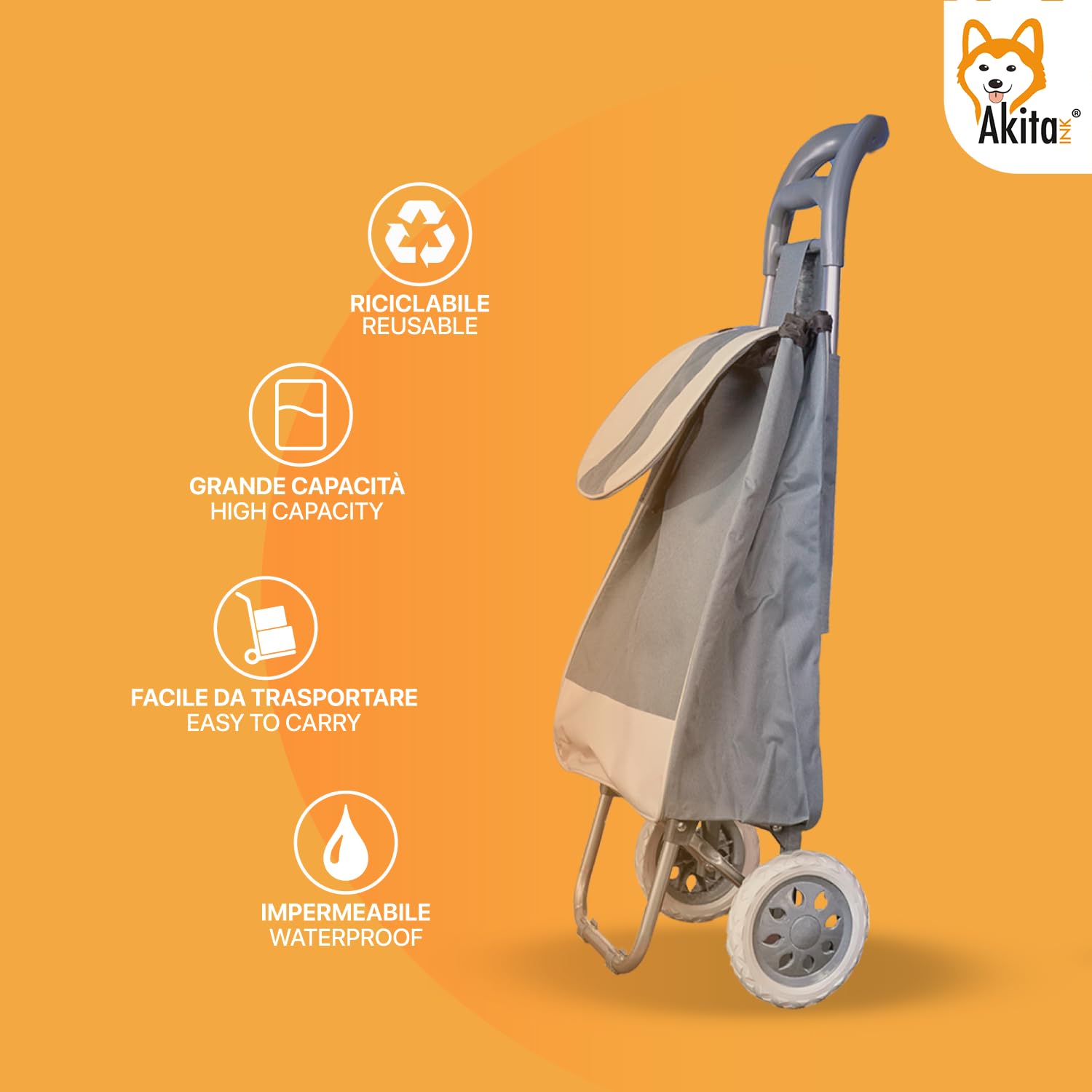 Akitaink Carrello Portaspesa leggero 42L, Design Italiano, 1.5 kg, Tasca con Zip, Antipioggia, Trolley porta spesa leggero impermeabile 95x35x28 cm