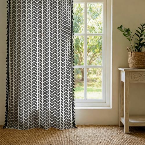 Image of Urban Space Boho Decorative Curtains for Window, 100% Cotton Curtain 5 Feet Long, Set of 1 Curtains with Tassels, 60-65% Room Darkening Curtain with Tieback and Eyelets (Herringbone Grey, 5 Feet)