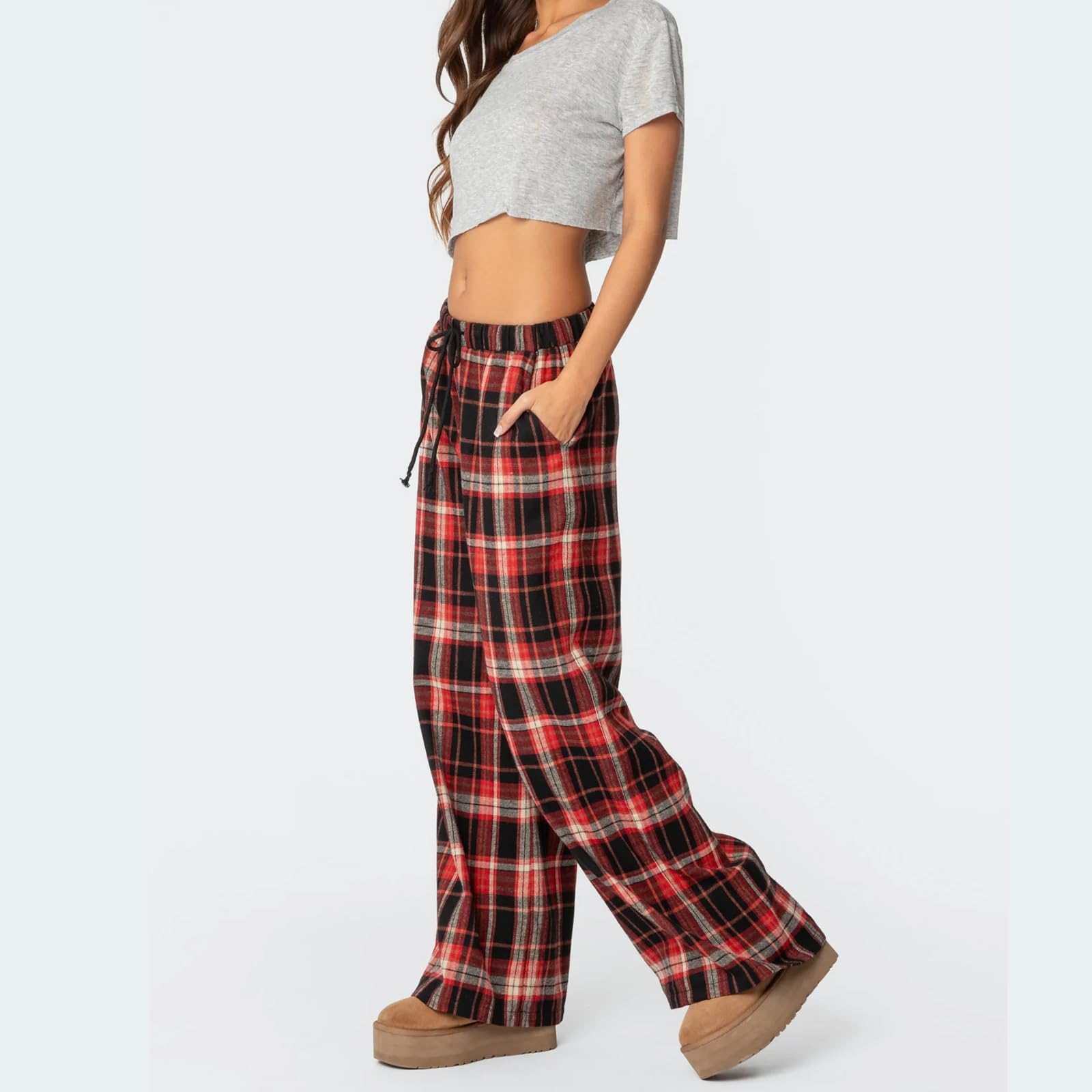 Sexy Outfit Pantalon de Salon à Jambes Larges pour Femmes, Confortable, Taille élastique, Baggy, à Carreaux, Palazzo, Ample, Cordon de Serrage, avec Poche