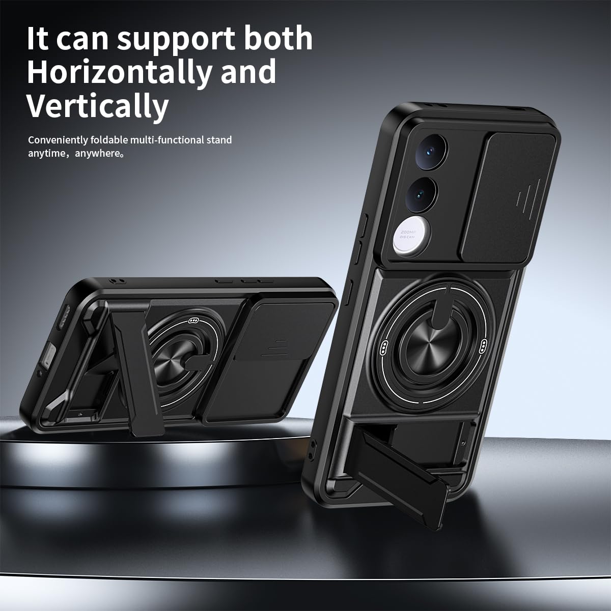Custodia compatibile con vivo V70 FE [con 1 pellicola proteggi schermo] [custodia per fotocamera scorrevole 2 in 1, design con cavalletto magnetico] [custodia antiurto per telefono] nera
