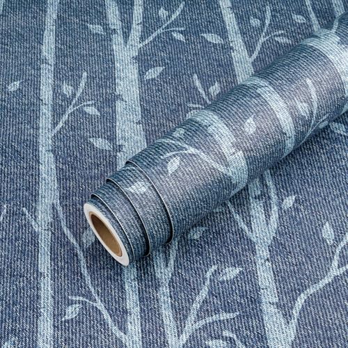 Livelynine 17.5x591 Blue Wallpaper Peel and Stick Decorative Contact Paper | Birth Tree Wall Paper for Bedroom Boys Room Self Adhesive Faux Grasscloth Linen Fabric Textured Navy Blue White Patterned