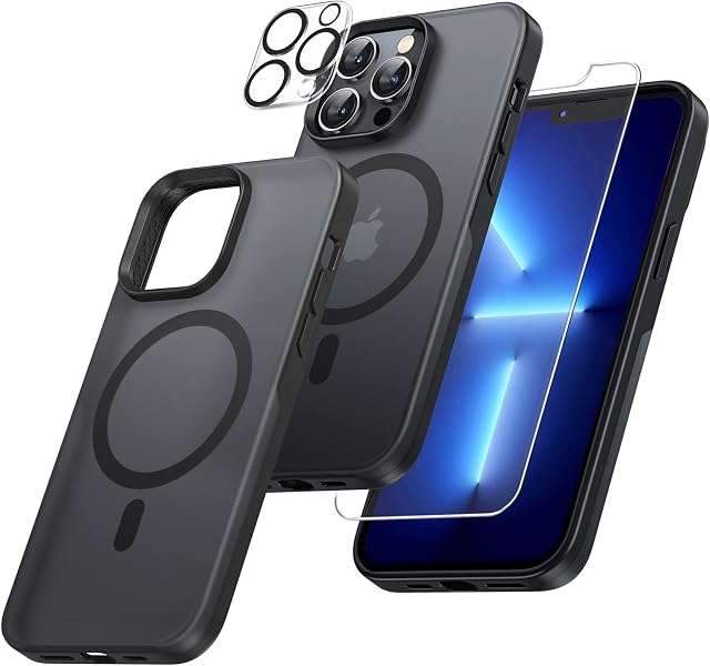 TAURI [5 in 1] Magnetic Case for iPhone 13 Pro Max [Compatible with MagSafe], 2 Tempered Screen Protector + 2 Camera Lens Protector, [Military Grade Protection] Translucent Matte Slim Cover 6.7 Inch