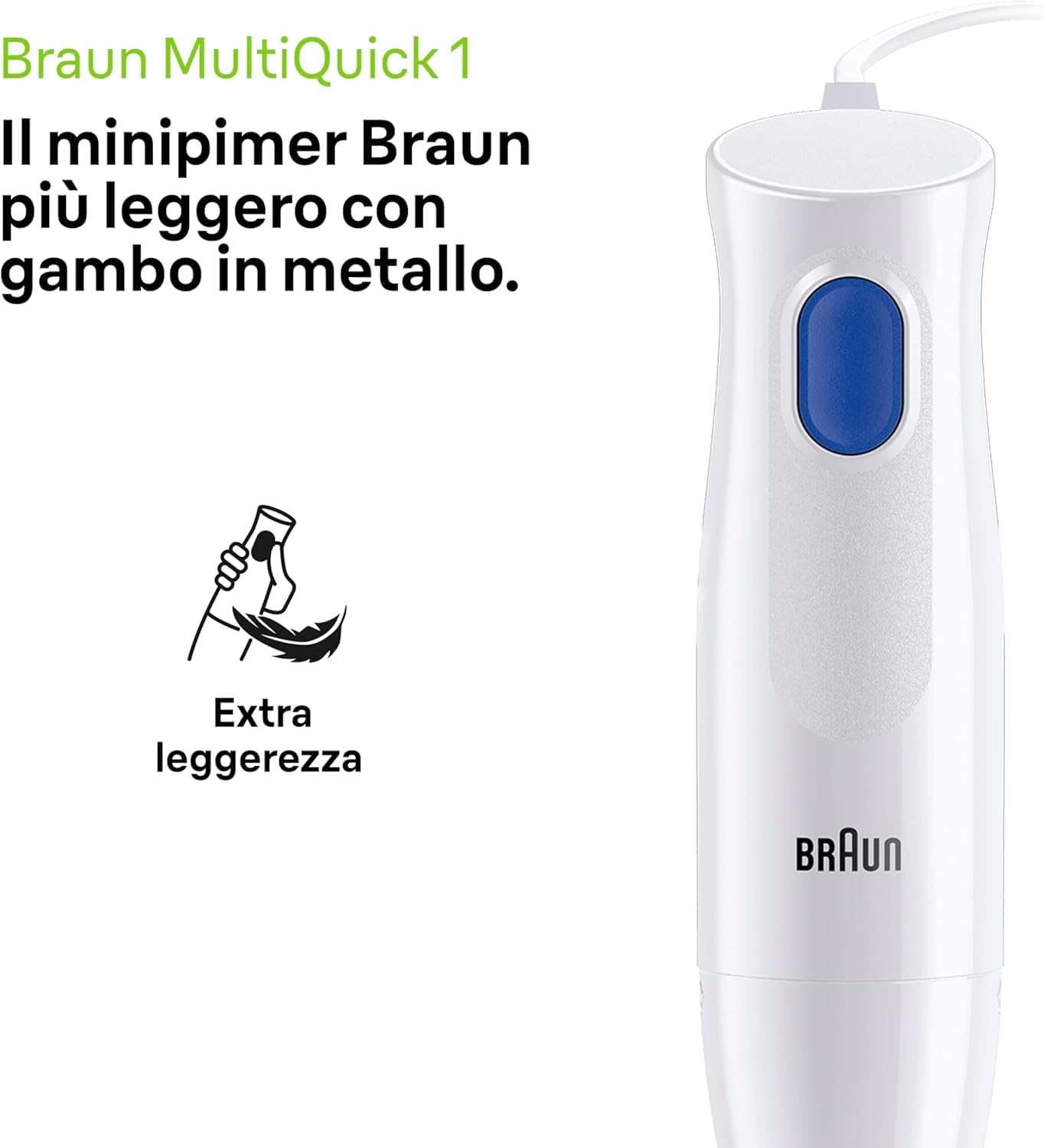 Braun MultiQuick 1 - Mixeur Plongeant Léger avec mini-hachoir pour Soupes, Smoothies et Purées Bébé, Verre Doseur 600 mL, 450W, Blanc (MQ10.201MWH)