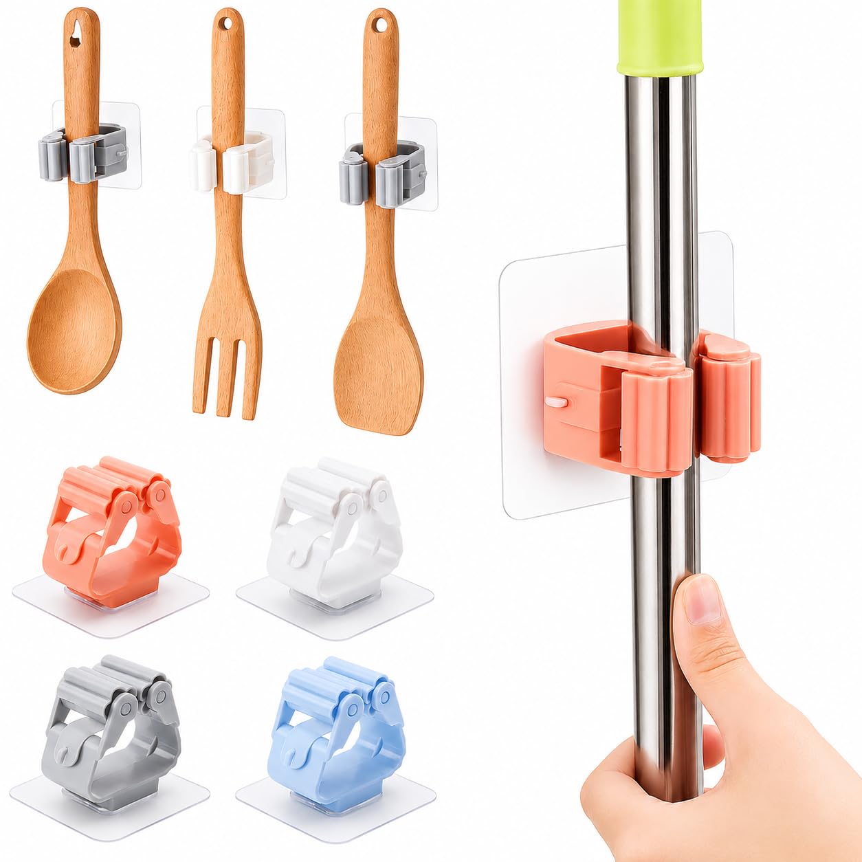 4Pcs Broom Holder Wall Mounted | Mop Stand Holder & Broom and Mop Holder | Self Adhesive Broom Stick Holder for Wall | Bathroom Wiper & Kitchen Accessories Organizer with Hooks-image-30