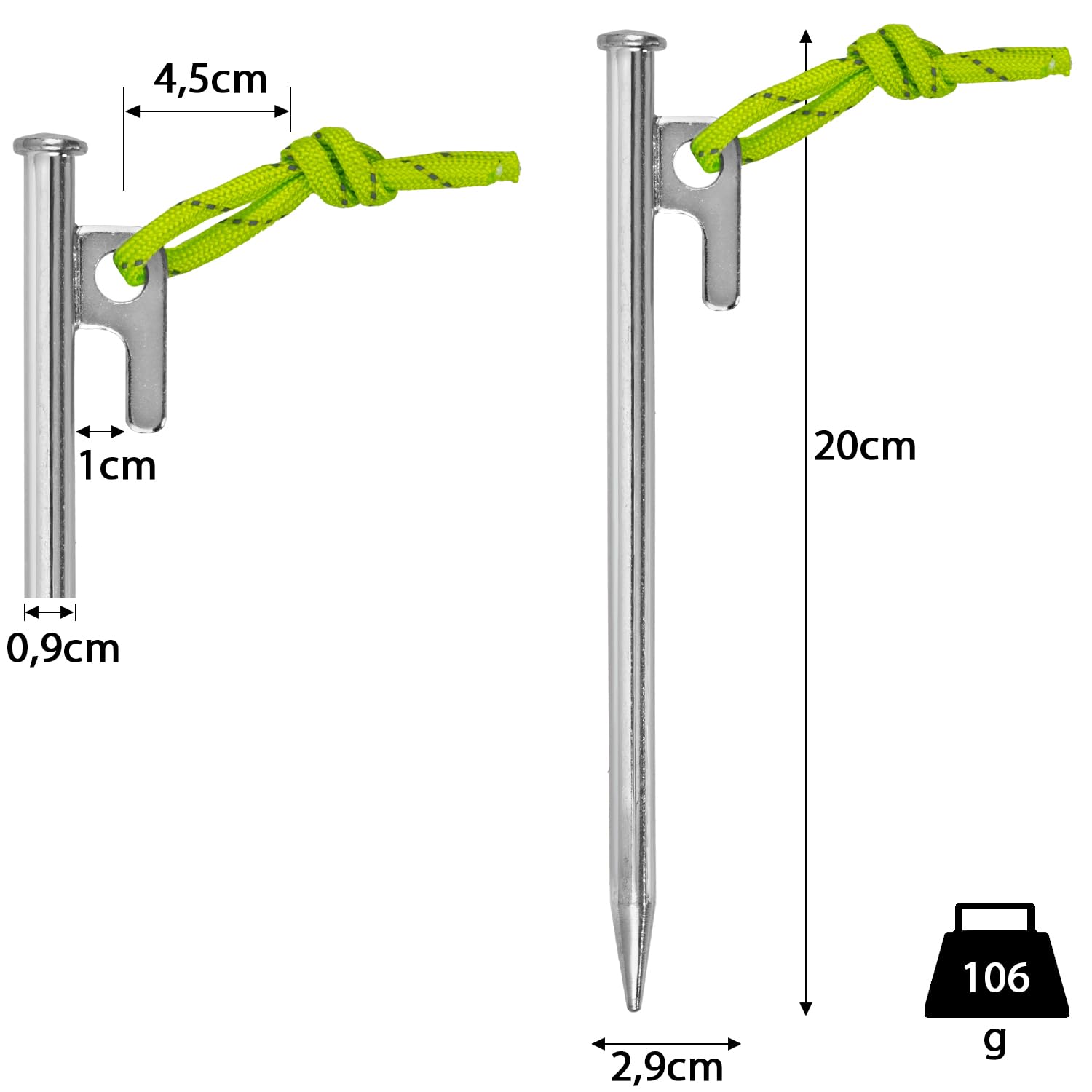 10 picchetti da campeggio, 20 cm, per tende fluorescenti