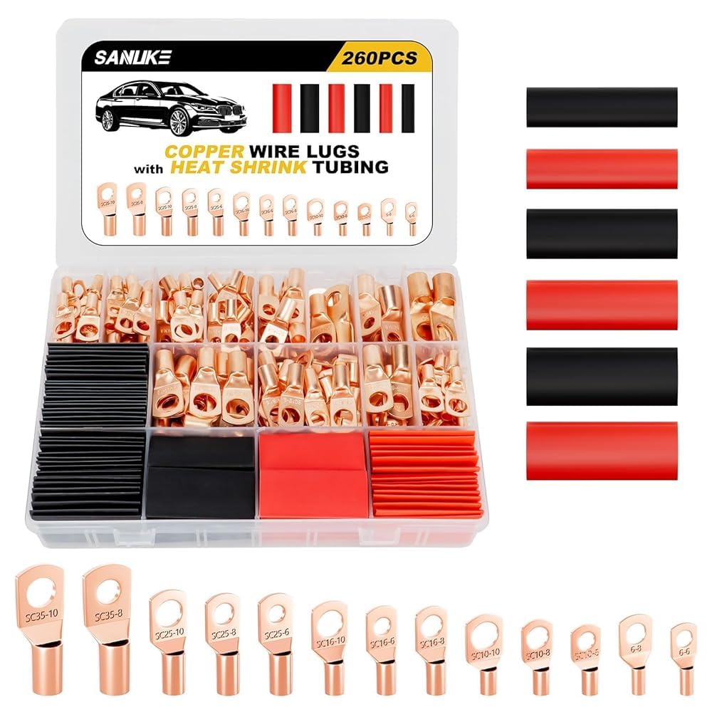 Sanuke Kit de 260 conectores de terminales de alambre de cobre AWG 12 10 8 6 4 2 con encogimiento térmico, 120 terminales de cable de batería, terminales de anillo y 140 tubos termorretráctiles