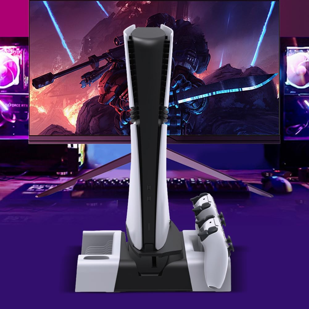 Soporte vertical y estación de refrigeración para PS5 Pro/Slim con doble controlador de carga y organizador de juegos
