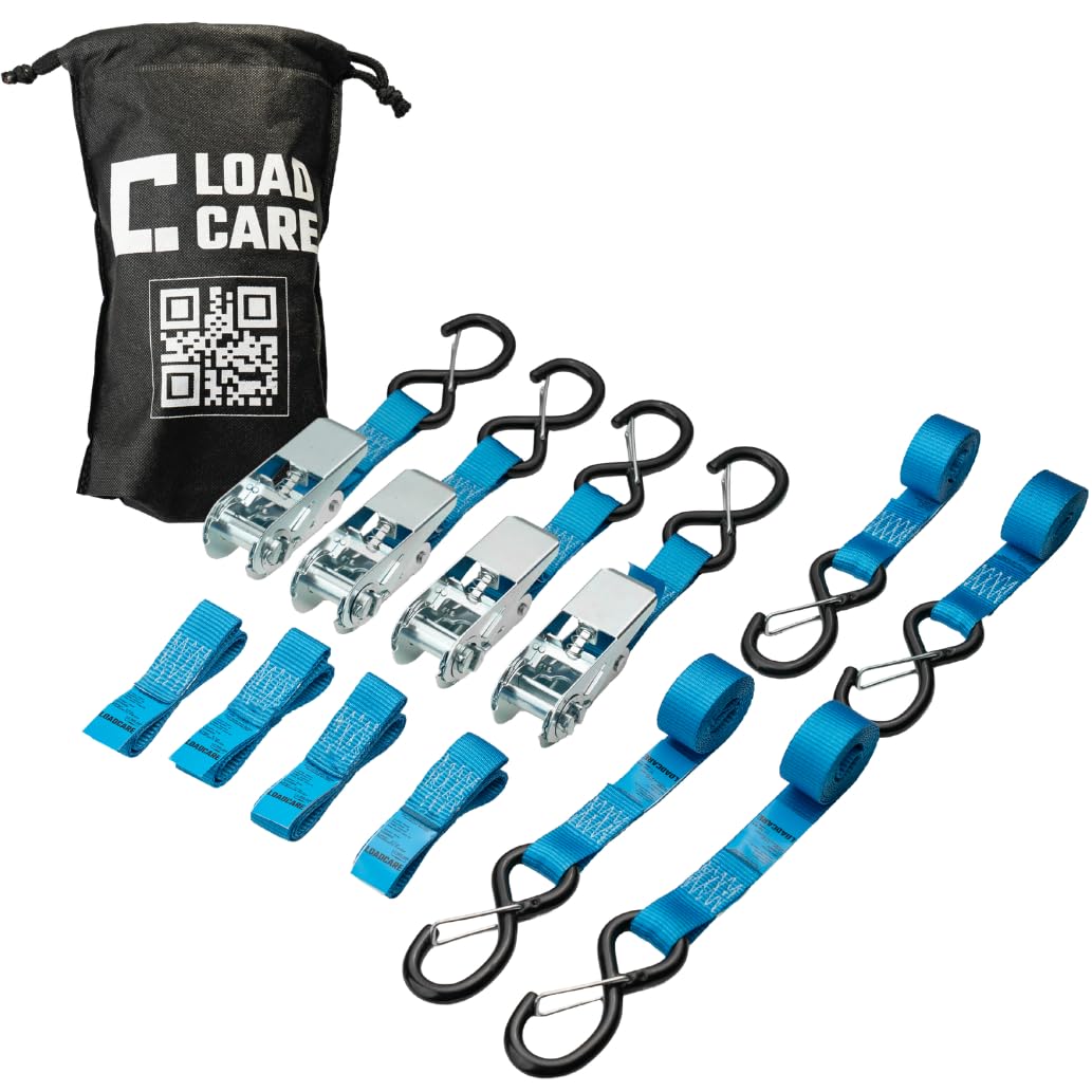 Set di cinghie di fissaggio per moto, 8 pezzi, 4 cinghie a cricchetto e 4 passanti adattatori (blu)