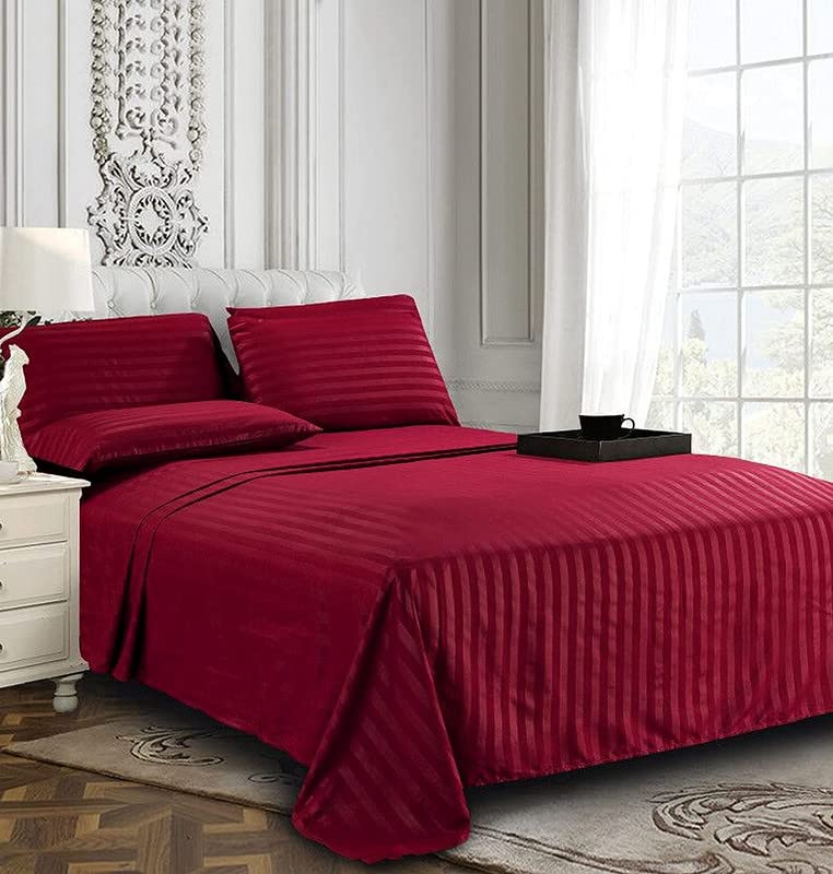 YFH Creative220 TC 100% Cotton Striped/Lining Plain Bedsheet for Double Bed King Size with Two Pillow Covers for Home-Hotels-Guest House-Maroon/Red