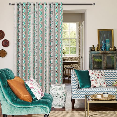 Image of XiDi Green Geometric Patterned Blackout Curtains for Bedroom 84 Inches Long 2 Panels Boho Farmhouse Black Out Curtains for Dining Living Room Country Vintage Thermal Insulated Grommet Window Drapes