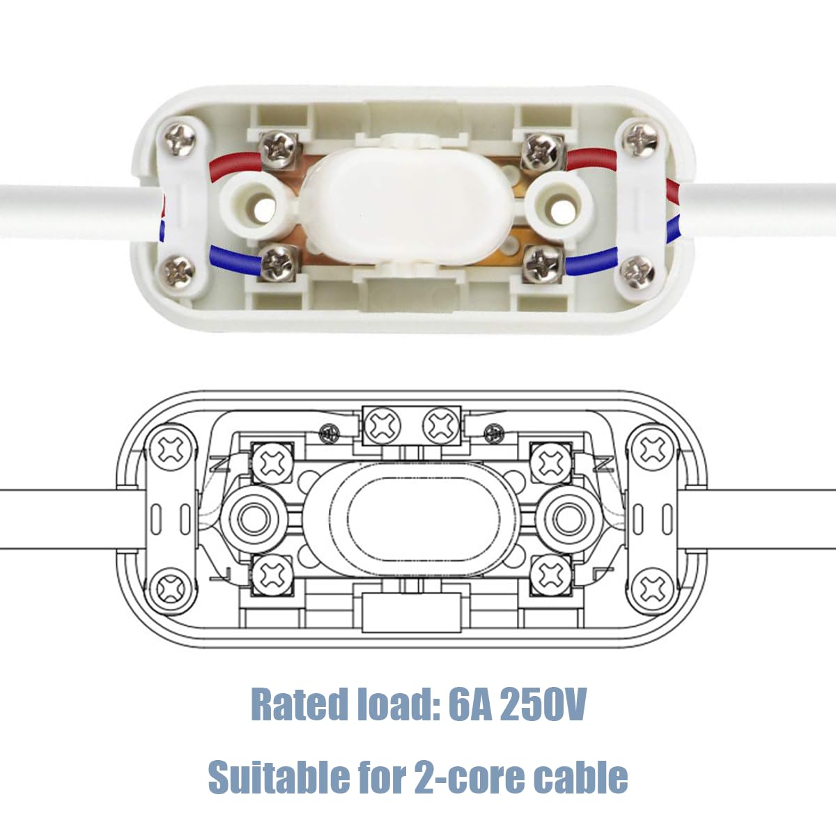 2 Pieces 6A Inline Switch Torpedo Switch with Screwdriver Double Pole Switching In-line Cord Switch Halfway Rocker Button Accepts 2 Core for Small Appliance or Lamp (White) - Image 2