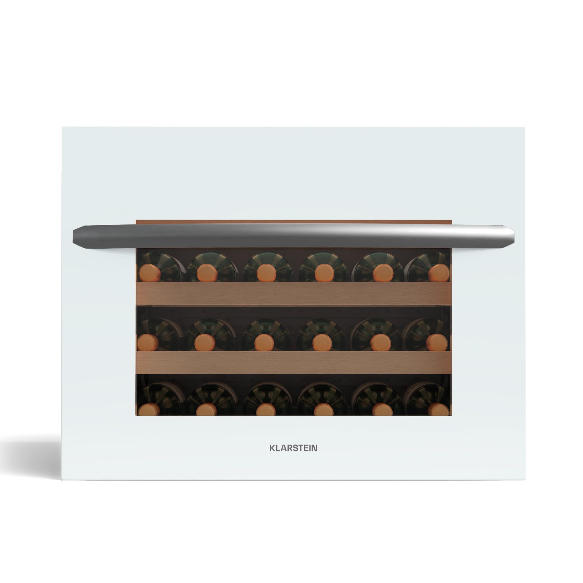 Klarstein Vinsider 24 Built-In Uno frigorífico empotrable para vinos - 24 botellas,1 zona,5-20°C, iluminación LED, protección UV, estantes de madera, silencioso,bajo consumo, blanco, puerta de cristal