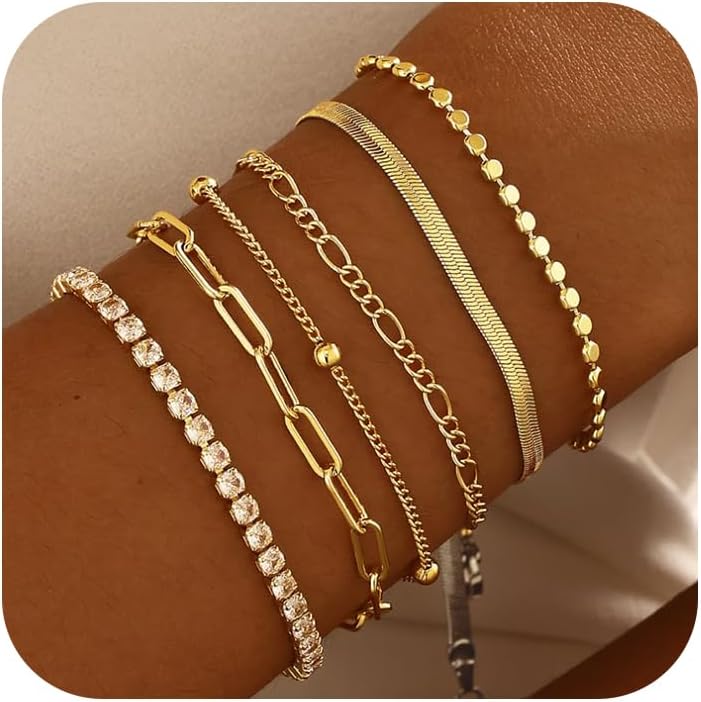 DEARMAY Waterproof Gold Plated Bracelets Set for Women Trendy, Dainty 14K Gold Jewelry Fashion Stackable Tennis Beaded Figaro Herringbone Paperclip Link Bracelet Pack Stack Gifts for Women