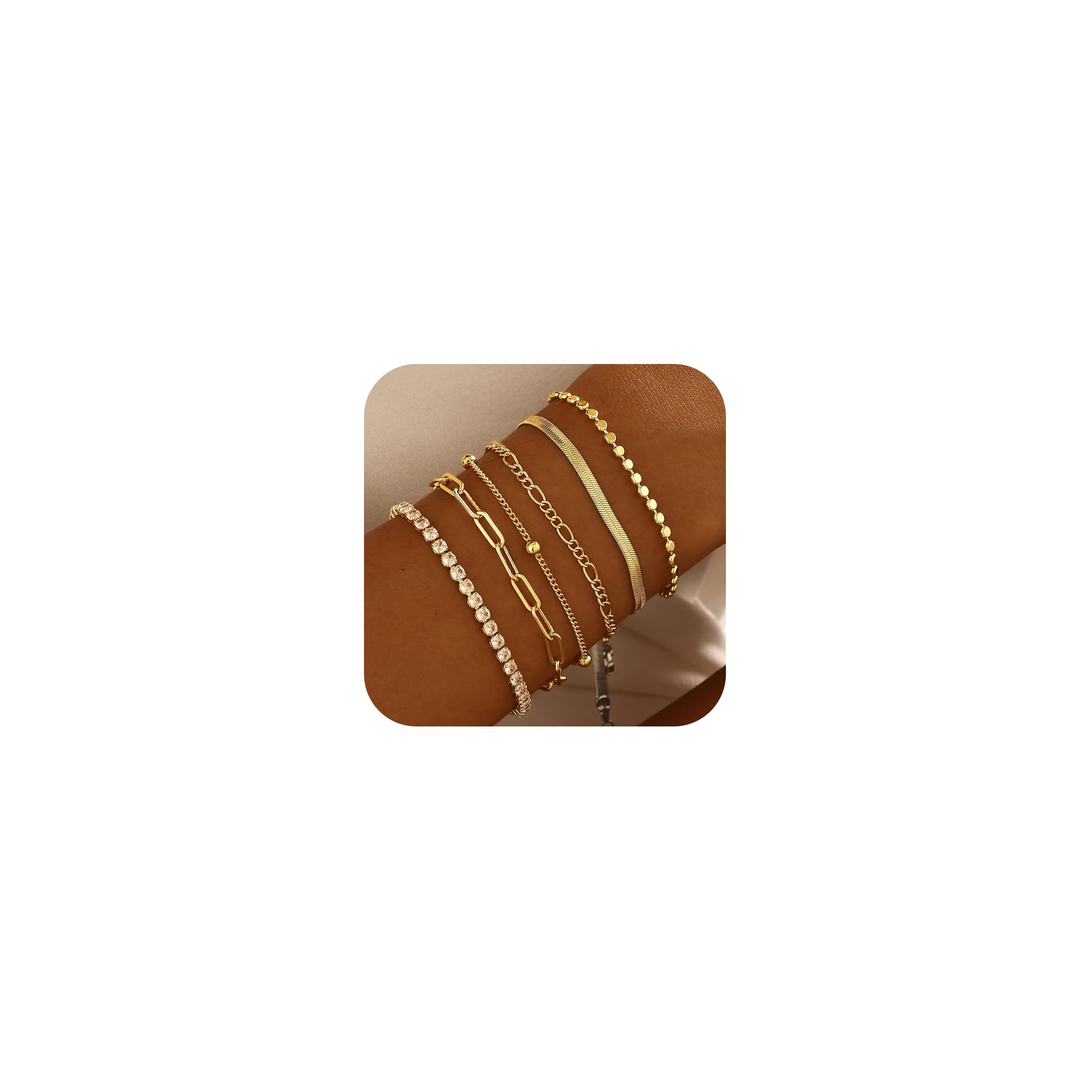 Waterproof Gold Plated Bracelets Set for Women Trendy, Dainty 14K Gold Jewelry Fashion Stackable Tennis Beaded Figaro Herringbone Paperclip Link Bracelet Pack Stack Gifts for Women