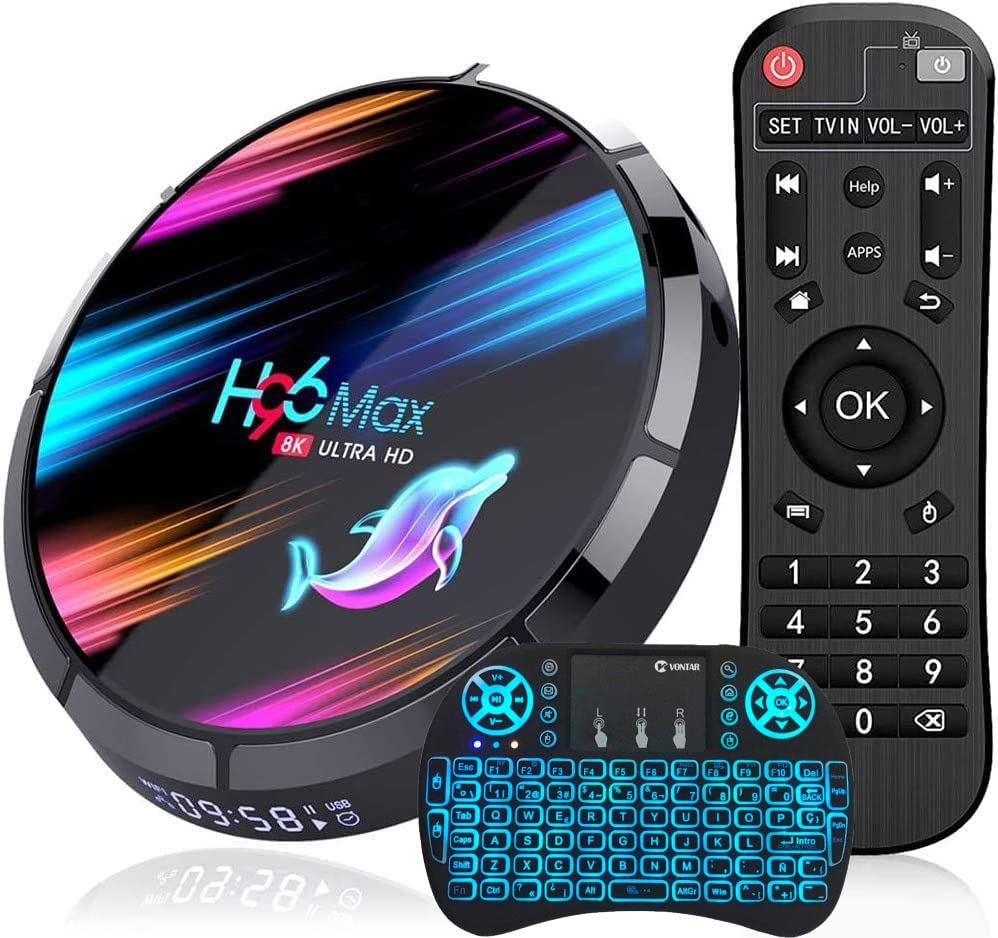 Android TV Box 9.0 4GB RAM 128GB ROM Set Top Box Smart TV Box Amlogic S905W4 1080P Ultra HD 8K HDR AV1 Wifi 2.4G 5.8Ghz BT 4.1 USB 2.0 with Mini Wireless Backlit Keyboard,4gb+32gb