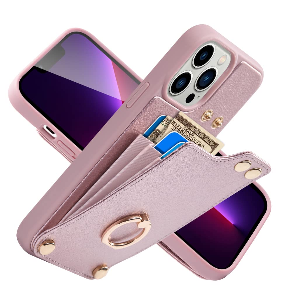 LAMEEKU for iPhone 13 Pro Max Wallet Case with Card Holder, Leather Kickstand Card Slots Case, 360°Rotation Ring Stand, RFID Blocking Protective Cover for Women for iPhone 13 Pro Max 6.7'' Rose Gold